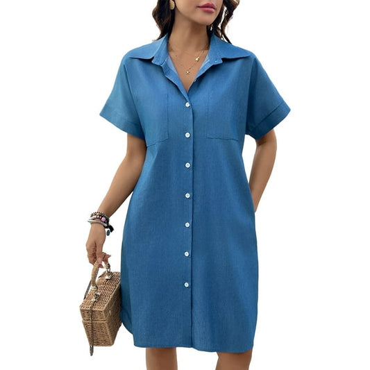 Women's Denim Tshirt Jean Dress Button Down Short Sleeve Casual Beach Mini Dress Vintage Knee with Pockets Girls Summer