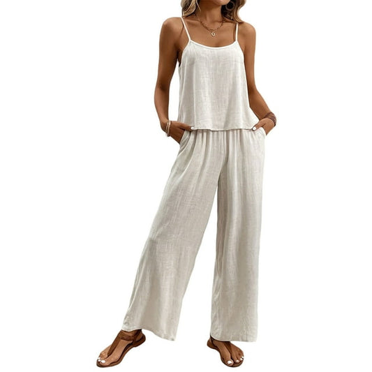 Women's Two-Piece Lounge Set Summer Beach Vacation Travel Going Out Suits Sleeveless Cami Top High Waist Wide Leg Pants Leisure Outfit Beige