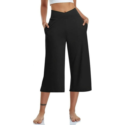 Womens Yoga Capri Pants,Wide Leg Dress Capris Pant, Loose Lightweight Sweatpants,Crossover High Waist Stretchy Knee Workout Pant, Flare Leggings with Pockets for Summer Black (Available in Plus Size)