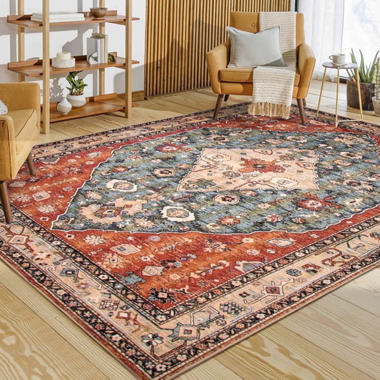 Wonnitar 6'x9' Area Rug for Living Room Boho Tribal Soft Washable Rugs Large Dining Room Mat Indoor Printed Non-Slip Classroom Office Carpet for Apartment Porch Dorm,Rust