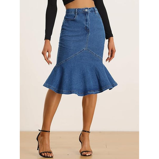 Women's Fishtail Denim Skirt High Waisted Bodycon Jean Skirt with Ruffles Casual Business Youth Midi Length Jean Skirt Blue